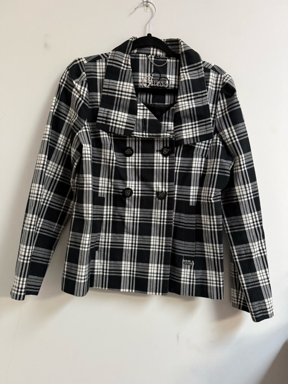 Guess Black & White Plaid Double-Breasted Peacoat Jacket